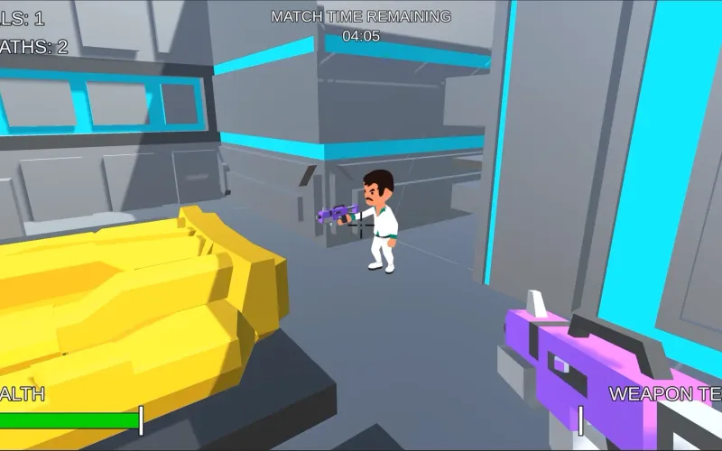 First-person view in a grey sci-fi arena with cyan lights: an opponent in white aims a purple rifle, with kills, deaths, match timer, health bar and weapon temperature on screen.