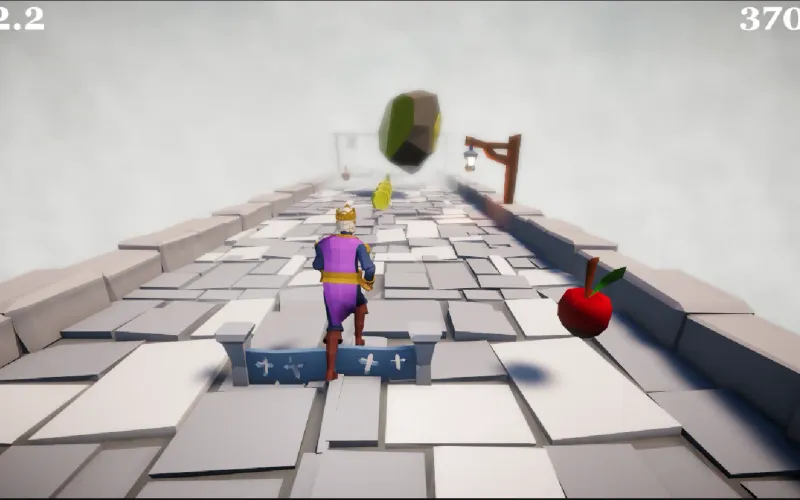 A crowned king in a purple robe runs along a misty stone bridge toward a falling boulder, with a red apple pickup, a timer of 32.2 and a score of 3700.