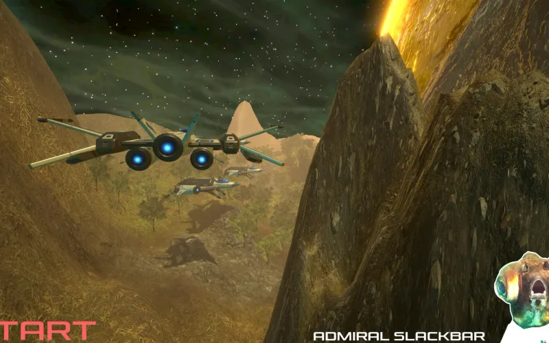 A starfighter with blue engines flies through a rocky alien canyon under a starry sky, followed by two more ships, with a glowing planet on the right.