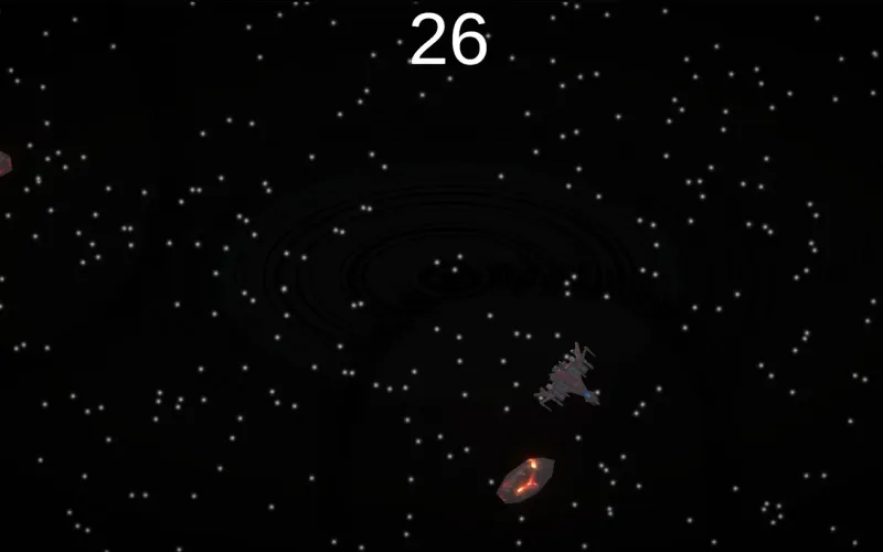 A red spaceship banks between two glowing lava asteroids on a black starfield, with a score of 26 at the top.