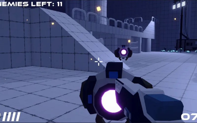 First-person view holding a chunky plasma gun aimed at a hovering drone with a purple eye in a tiled sci-fi hall, with Enemies left: 11 at the top.