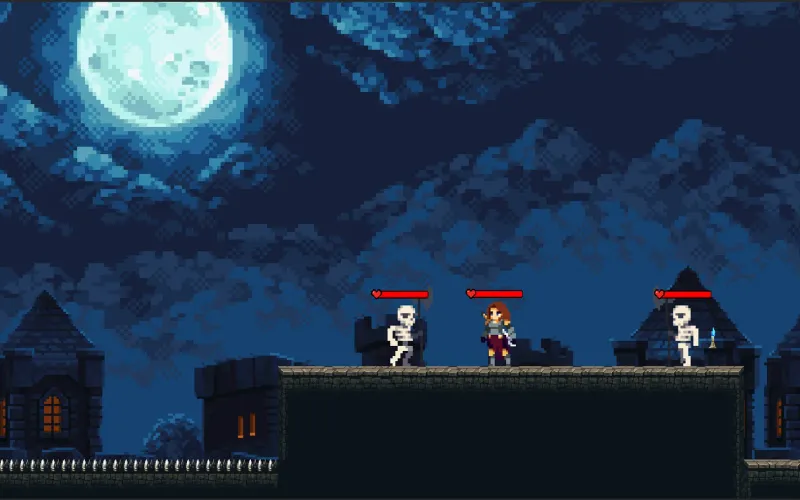 Pixel-art night scene: a red-haired heroine with health bar stands between two skeleton warriors on castle rooftops under a full moon.