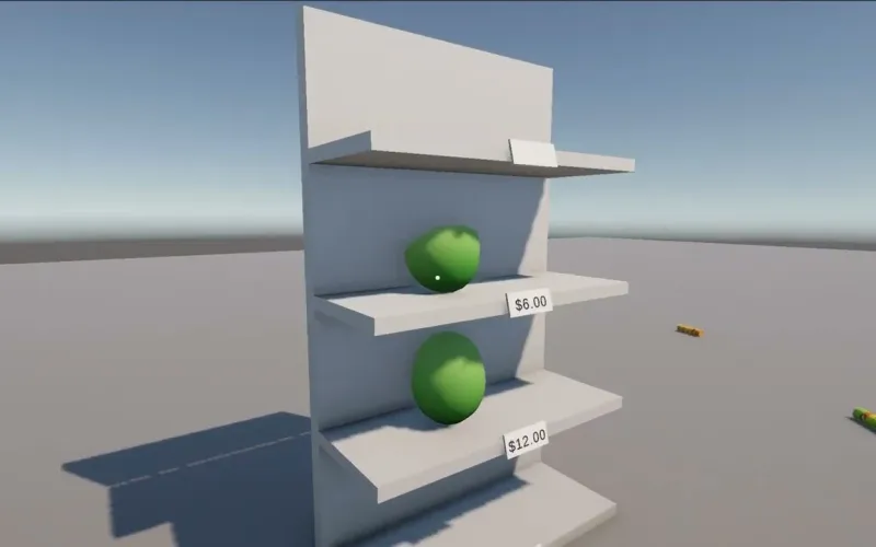 A white store shelf unit holding green melons with $6.00 and $12.00 price tags, on an open grey floor.