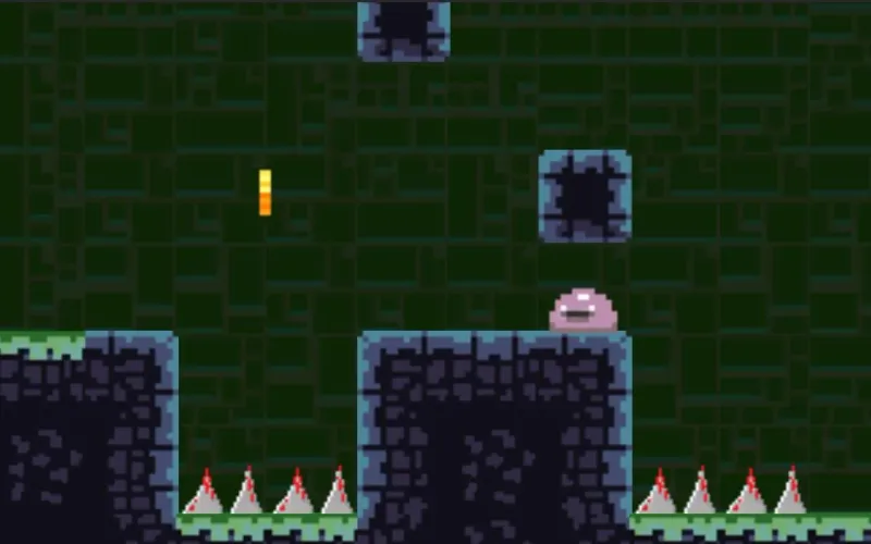 Pixel-art dungeon level: a red-haired hero stands on a mossy ledge above spike pits, with a pink slime enemy on the next platform.