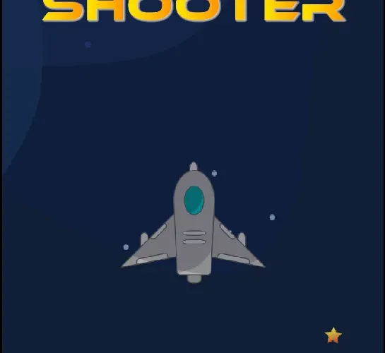 Portrait phone title screen with yellow Space Shooter lettering, a grey fighter ship on a dark blue background and the prompt Tap to play.